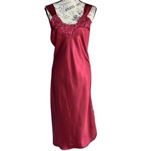 Vintage La Fleur lingerie long appliqué beads burgundy red satin slip dress